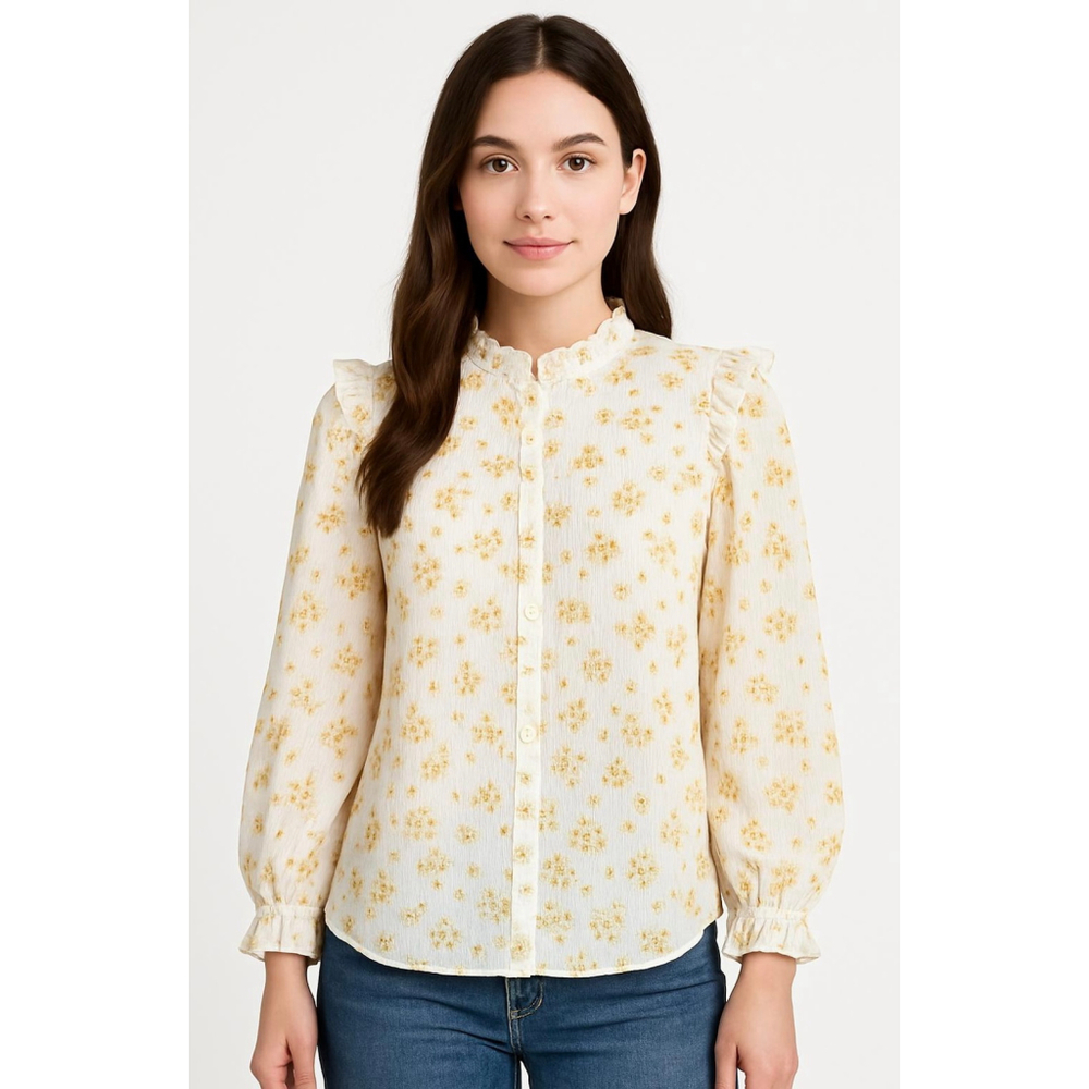 Womens Lauren Conrad Blouse XL White Yellow Floral Ruffle Long Sleeve Whimsigoth